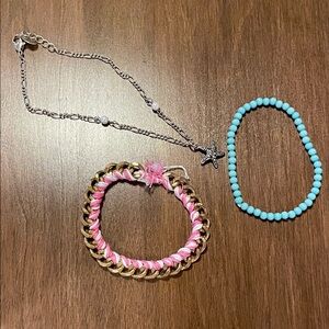 Gold and Pink Chain Bracelet with  starfish bracelet and Blue Beaded Bracelet
